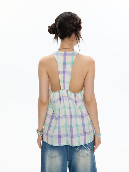 I Love Dolphin Plaid Cute Hanging Neck Shirt【s0000017368】