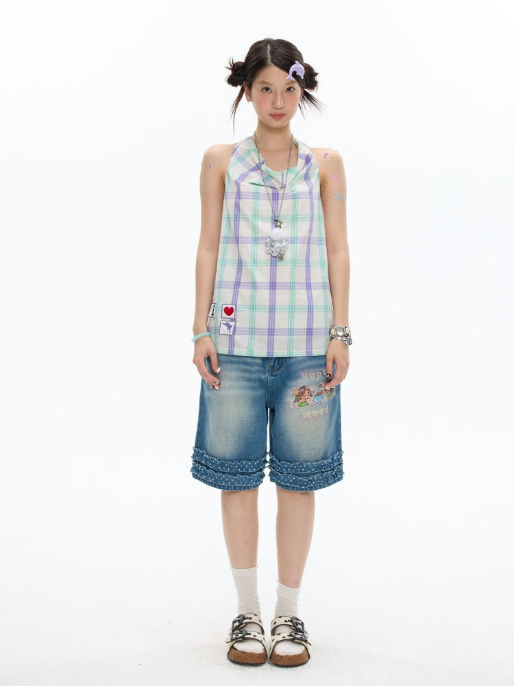 I Love Dolphin Plaid Cute Hanging Neck Shirt【s0000017368】