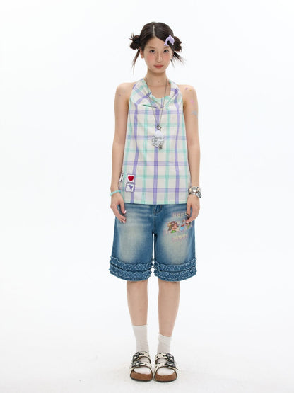 I Love Dolphin Plaid Cute Hanging Neck Shirt【s0000017368】