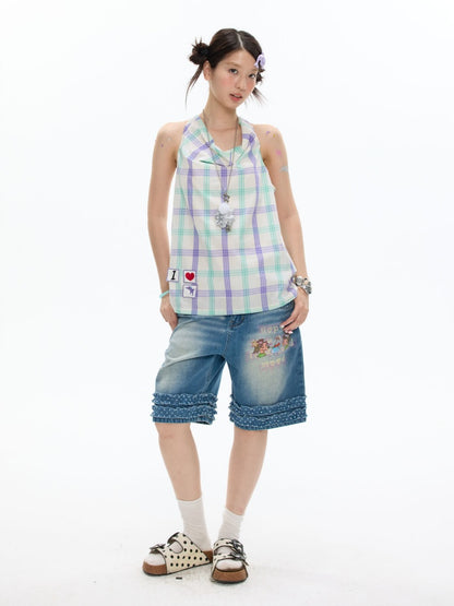 I Love Dolphin Plaid Cute Hanging Neck Shirt【s0000017368】