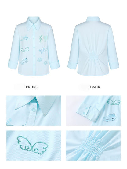 Striped Rhinestone-Cinched Mid-Sleeve Shirt【s0000017370】