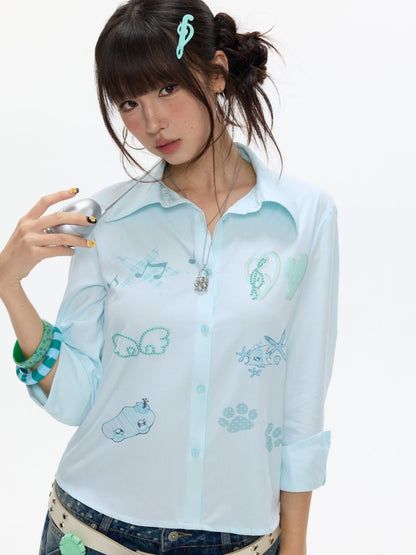 Striped Rhinestone-Cinched Mid-Sleeve Shirt【s0000017370】