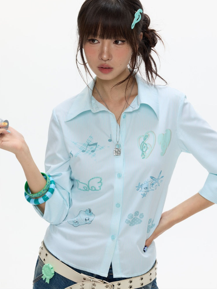 Striped Rhinestone-Cinched Mid-Sleeve Shirt【s0000017370】