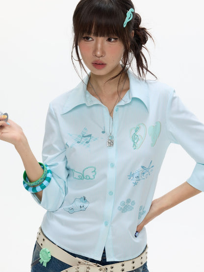 Striped Rhinestone-Cinched Mid-Sleeve Shirt【s0000017370】
