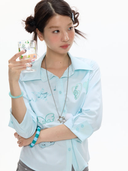 Striped Rhinestone-Cinched Mid-Sleeve Shirt【s0000017370】
