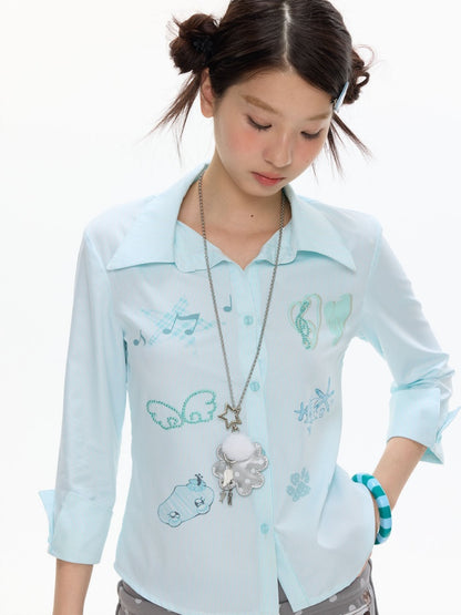 Striped Rhinestone-Cinched Mid-Sleeve Shirt【s0000017370】