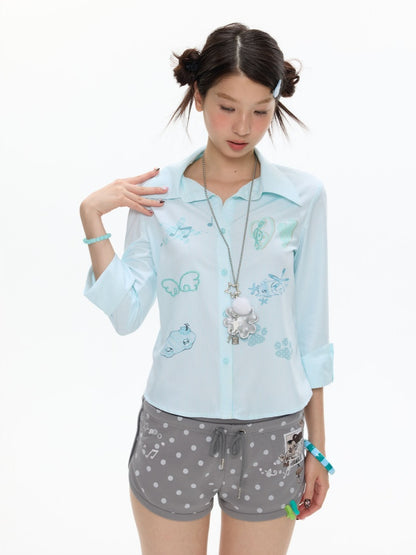 Striped Rhinestone-Cinched Mid-Sleeve Shirt【s0000017370】