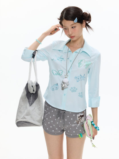 Striped Rhinestone-Cinched Mid-Sleeve Shirt【s0000017370】