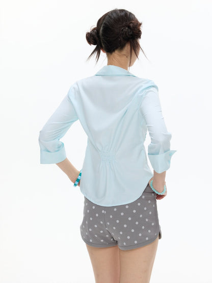 Striped Rhinestone-Cinched Mid-Sleeve Shirt【s0000017370】