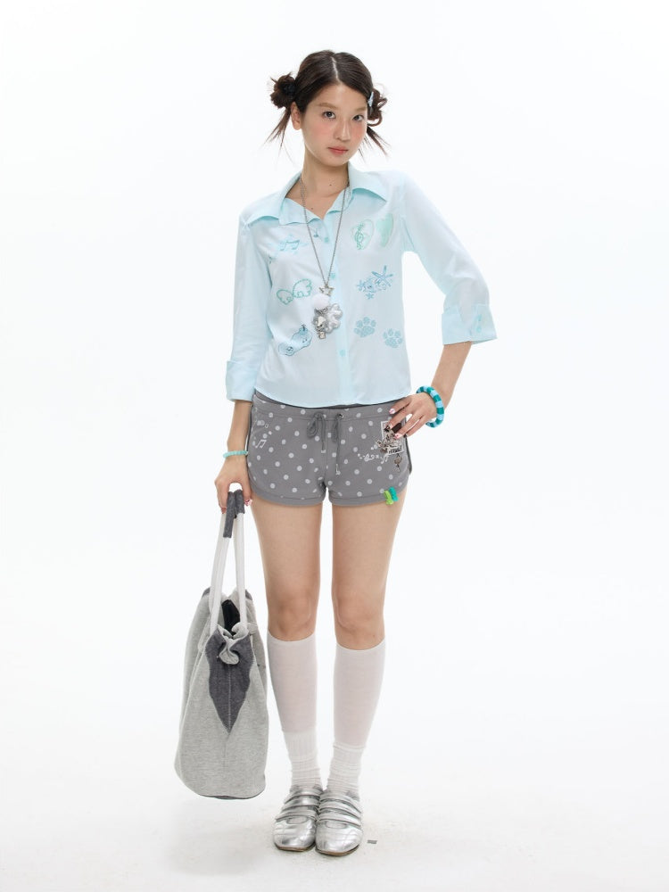 Striped Rhinestone-Cinched Mid-Sleeve Shirt【s0000017370】