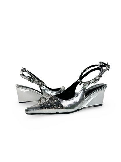 Y2K Punk Silver Wedge Pointed-Toe Slingback Pumps【s0000017383】