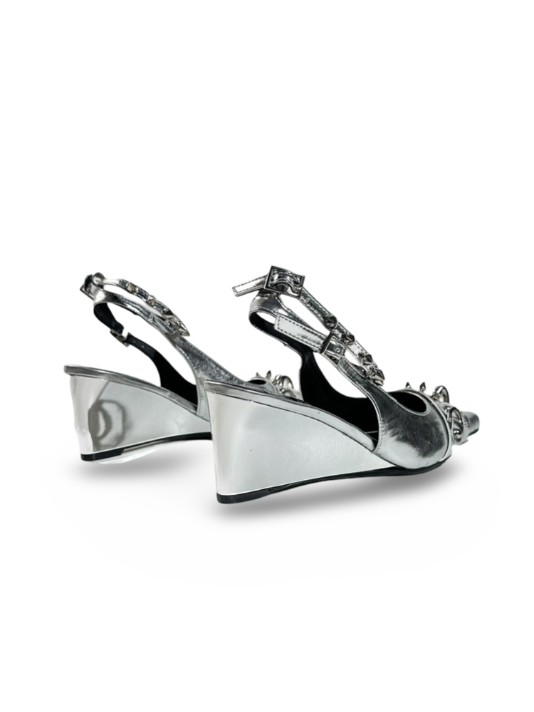 Y2K Punk Silver Wedge Pointed-Toe Slingback Pumps【s0000017383】