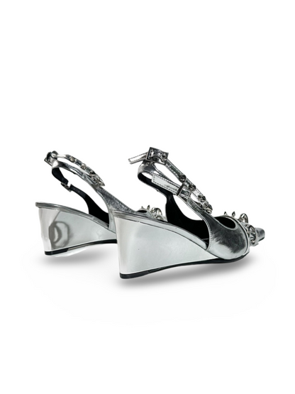 Y2K Punk Silver Wedge Pointed-Toe Slingback Pumps【s0000017383】