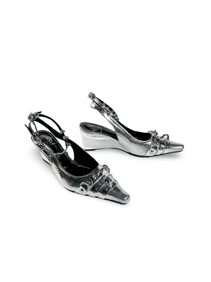 Y2K Punk Silver Wedge Pointed-Toe Slingback Pumps【s0000017383】