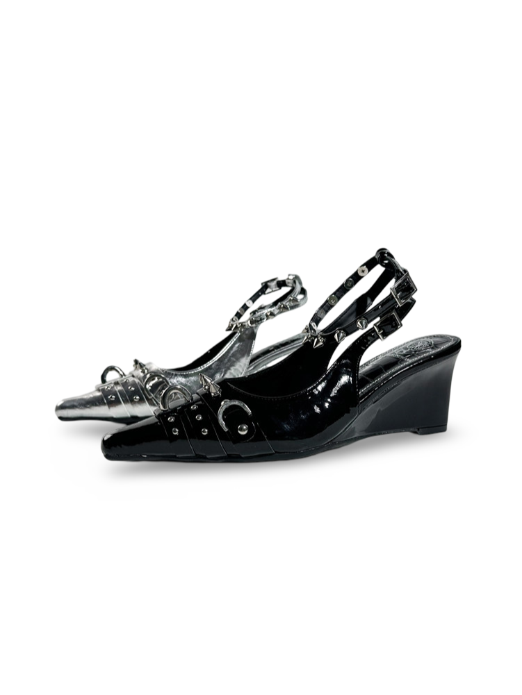Y2K Punk Silver Wedge Pointed-Toe Slingback Pumps【s0000017383】