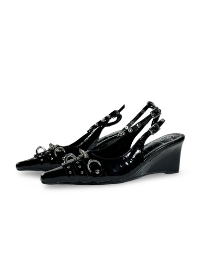 Y2K Punk Silver Wedge Pointed-Toe Slingback Pumps【s0000017383】