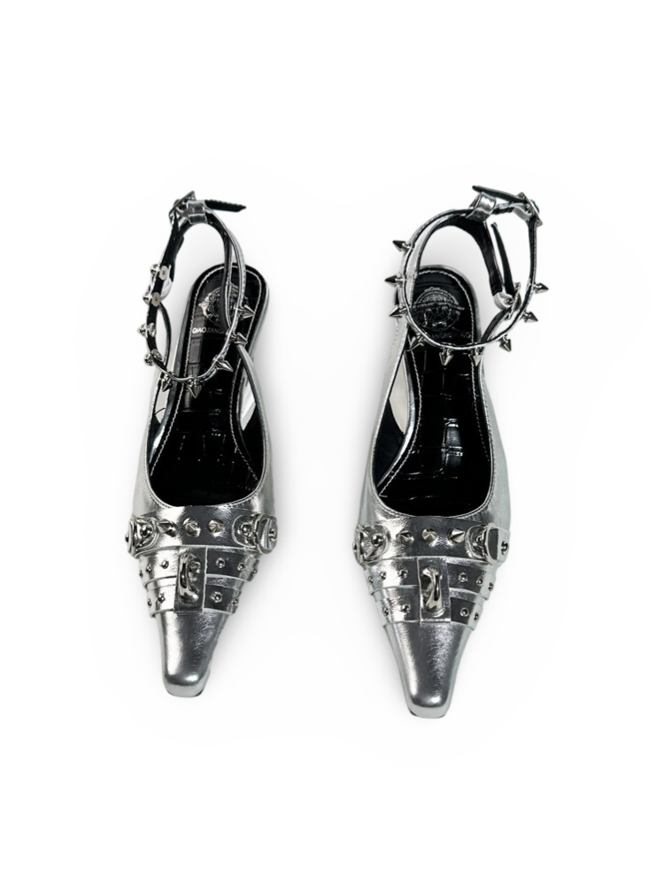 Y2K Punk Silver Wedge Pointed-Toe Slingback Pumps【s0000017383】