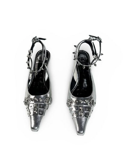 Y2K Punk Silver Wedge Pointed-Toe Slingback Pumps【s0000017383】