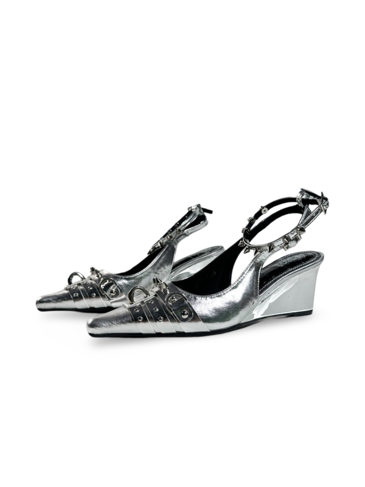 Y2K Punk Silver Wedge Pointed-Toe Slingback Pumps【s0000017383】