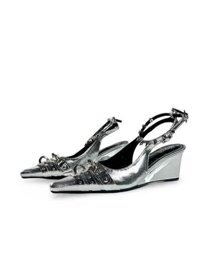 Y2K Punk Silver Wedge Pointed-Toe Slingback Pumps【s0000017383】