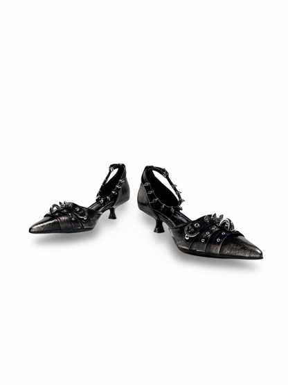 Spike Studded Buckle Pointed-Toe Slingback Wedge Pumps【s0000017384】