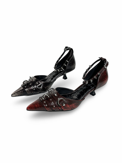 Spike Studded Buckle Pointed-Toe Slingback Wedge Pumps【s0000017384】