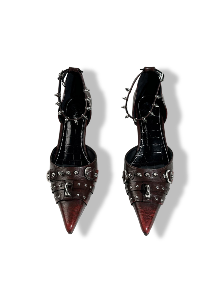 Spike Studded Buckle Pointed-Toe Slingback Wedge Pumps【s0000017384】