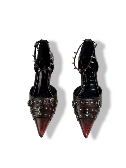 Spike Studded Buckle Pointed-Toe Slingback Wedge Pumps【s0000017384】