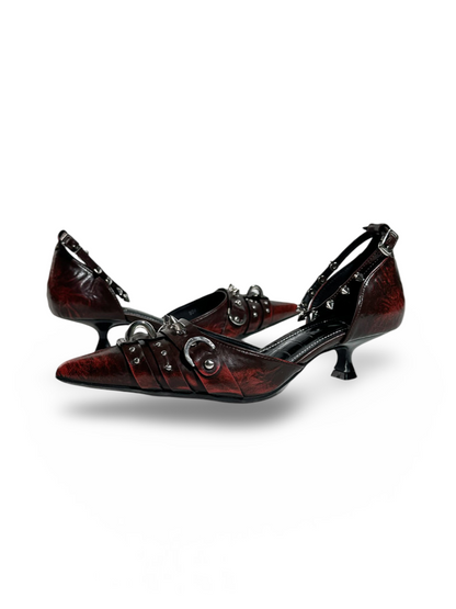 Spike Studded Buckle Pointed-Toe Slingback Wedge Pumps【s0000017384】