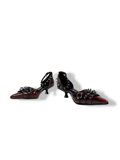 Spike Studded Buckle Pointed-Toe Slingback Wedge Pumps【s0000017384】