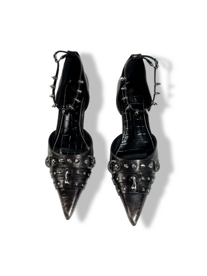 Spike Studded Buckle Pointed-Toe Slingback Wedge Pumps【s0000017384】