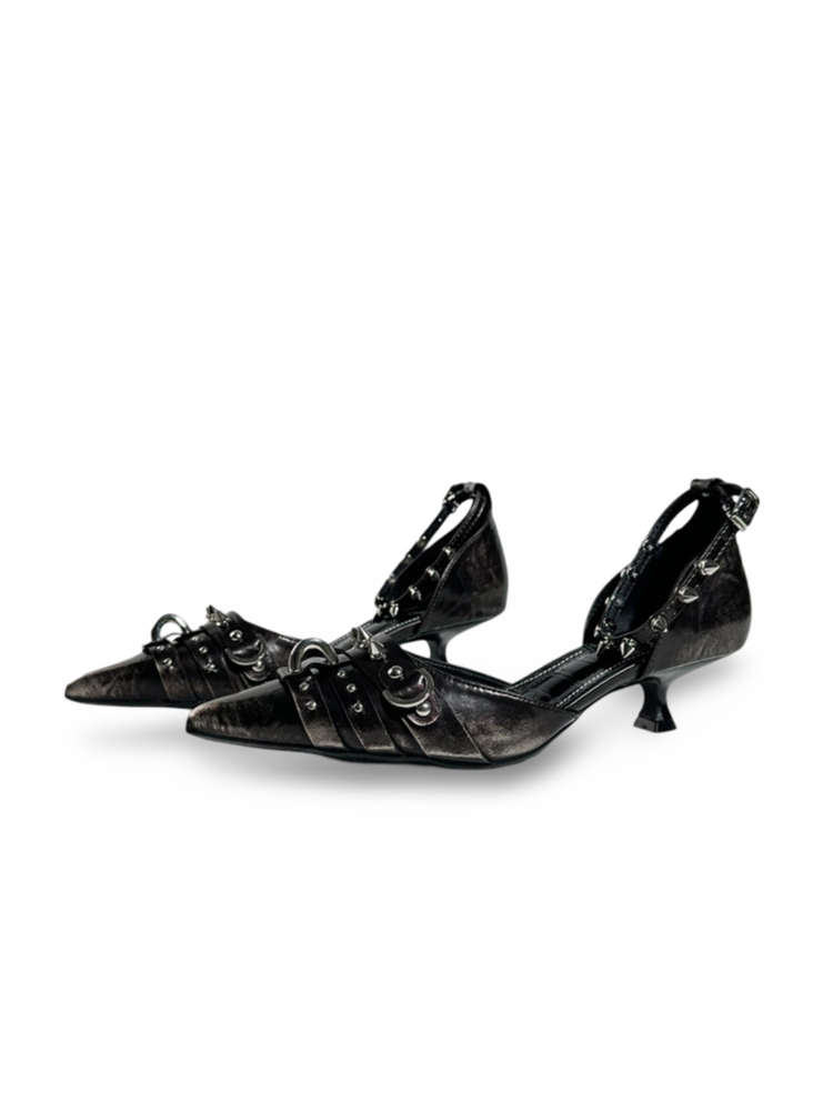 Spike Studded Buckle Pointed-Toe Slingback Wedge Pumps【s0000017384】