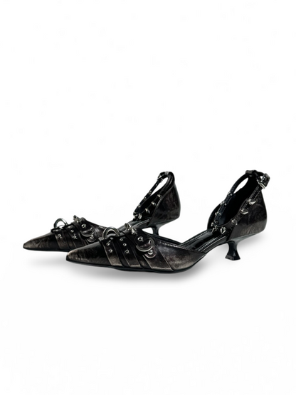 Spike Studded Buckle Pointed-Toe Slingback Wedge Pumps【s0000017384】