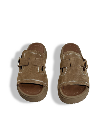 Suede Contrast-Stitch Buckle Platform Slide Sandals【s0000017390】