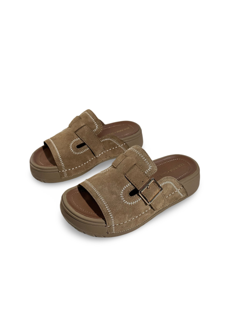 Suede Contrast-Stitch Buckle Platform Slide Sandals【s0000017390】