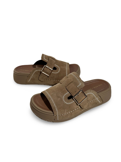 Suede Contrast-Stitch Buckle Platform Slide Sandals【s0000017390】