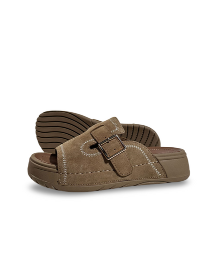 Suede Contrast-Stitch Buckle Platform Slide Sandals【s0000017390】