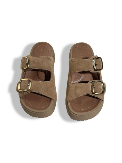 Suede Double-Buckle Platform Slide Sandals【s0000017391】
