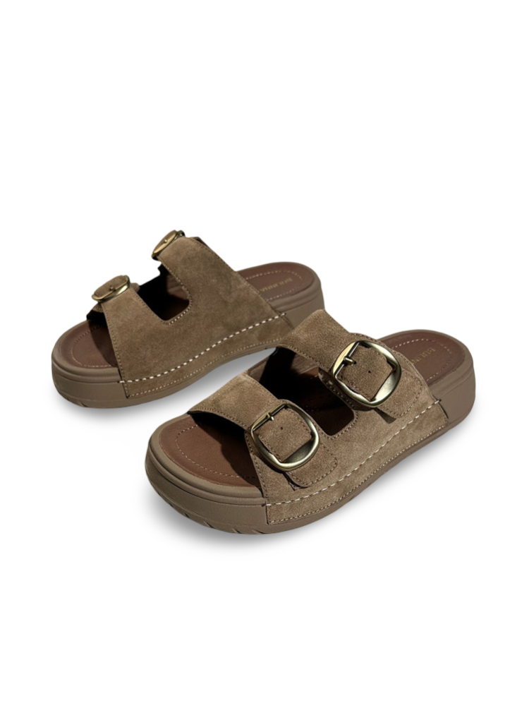 Suede Double-Buckle Platform Slide Sandals【s0000017391】