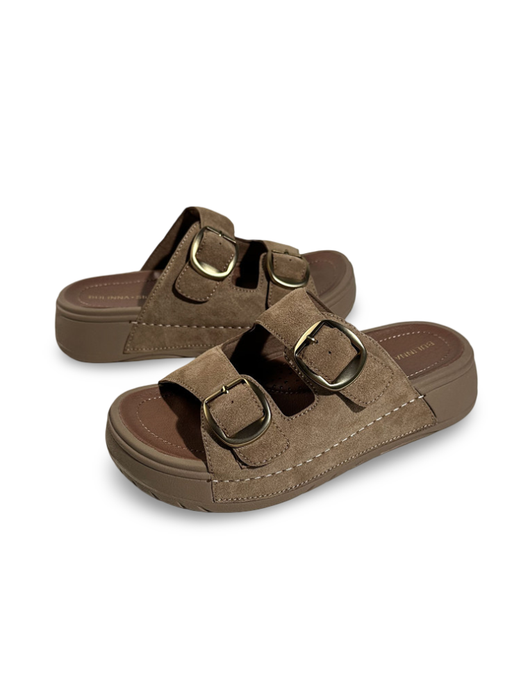 Suede Double-Buckle Platform Slide Sandals【s0000017391】
