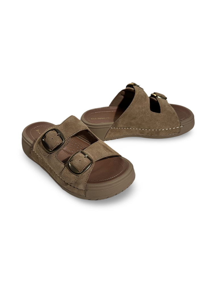 Suede Double-Buckle Platform Slide Sandals【s0000017391】