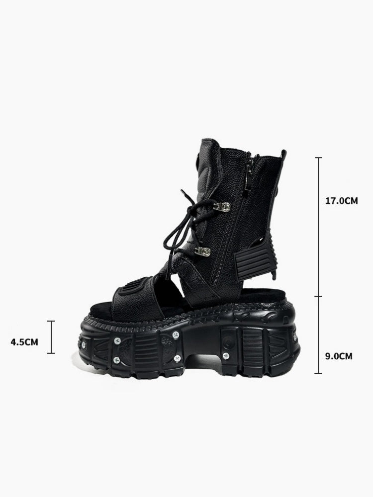 Heavy Industry Rock Buckle Strap Thick Soled Lace-Up Sandal Boots【s0000017396】