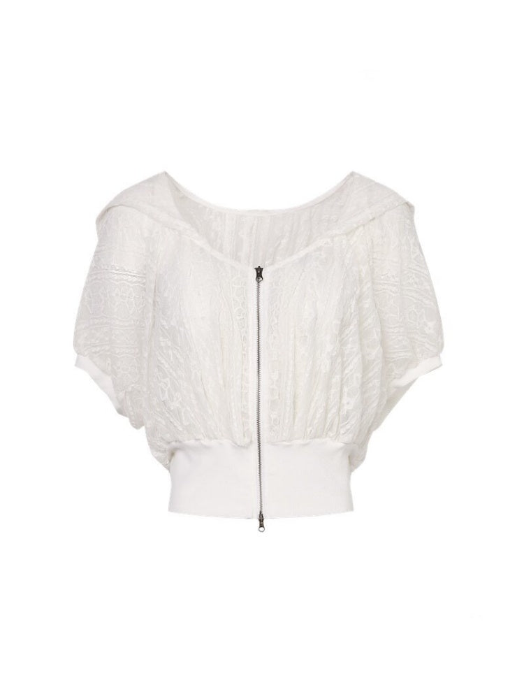 Pleated Lace Raglan Sleeve Zip-Up Short Hooded【s0000017551】