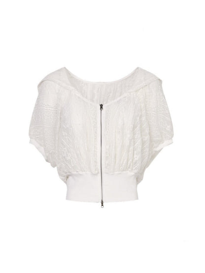 Pleated Lace Raglan Sleeve Zip-Up Short Hooded【s0000017551】