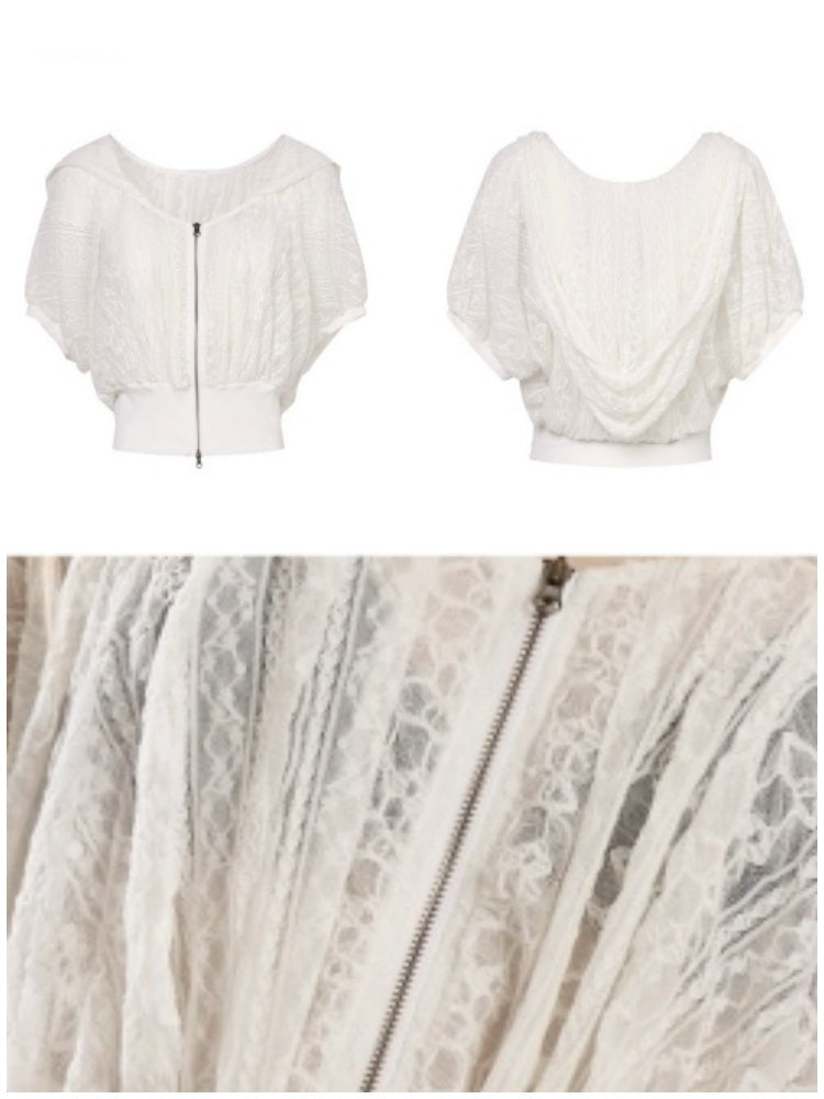 Pleated Lace Raglan Sleeve Zip-Up Short Hooded【s0000017551】