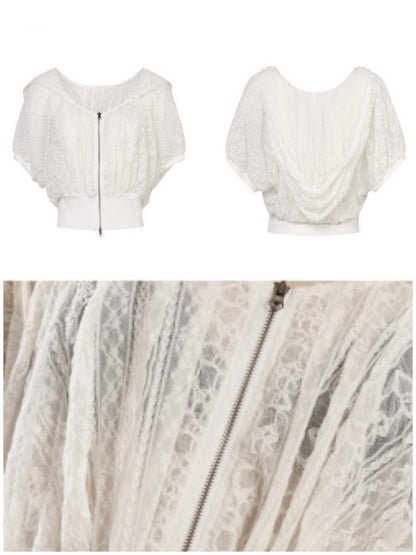 Pleated Lace Raglan Sleeve Zip-Up Short Hooded【s0000017551】