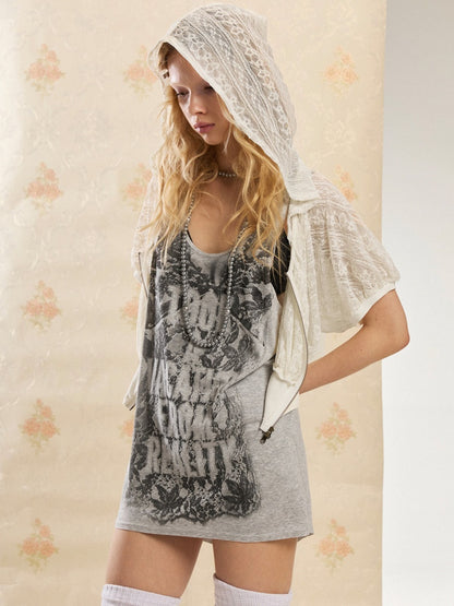 Pleated Lace Raglan Sleeve Zip-Up Short Hooded【s0000017551】
