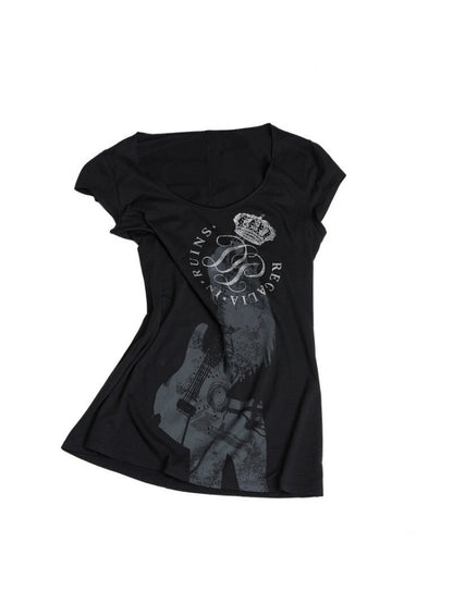 Slim-Fit Crew Neck Vintage-Style Guitar Girl Printed Long T-Shirt【s0000017552】