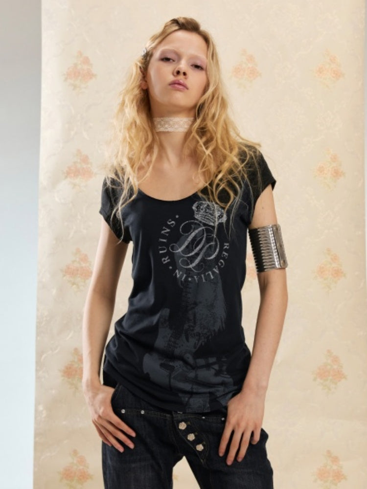 Slim-Fit Crew Neck Vintage-Style Guitar Girl Printed Long T-Shirt【s0000017552】