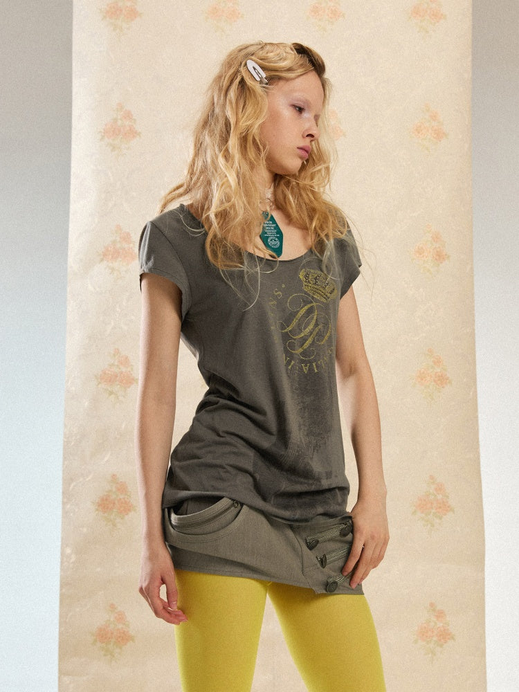 Slim-Fit Crew Neck Vintage-Style Guitar Girl Printed Long T-Shirt【s0000017552】